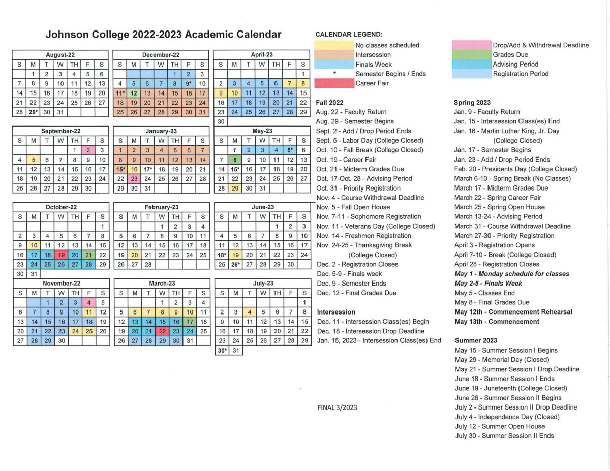 Academic Calendar Johnson College of Technology
