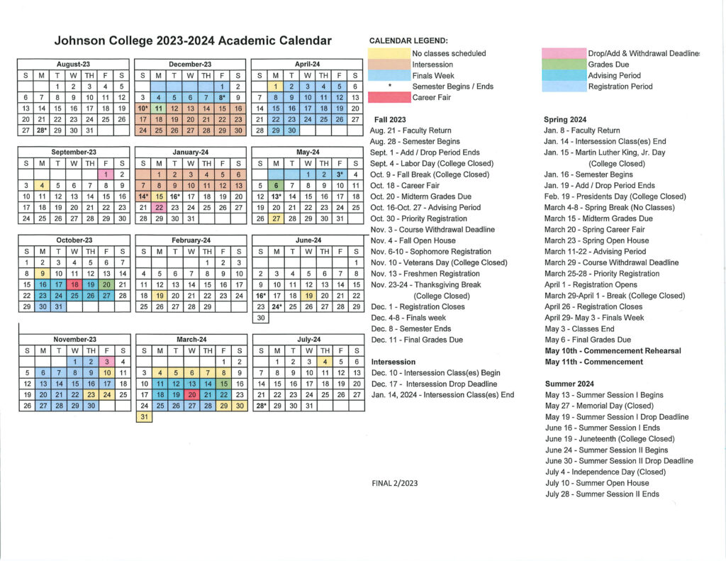 Academic Calendar Johnson College of Technology